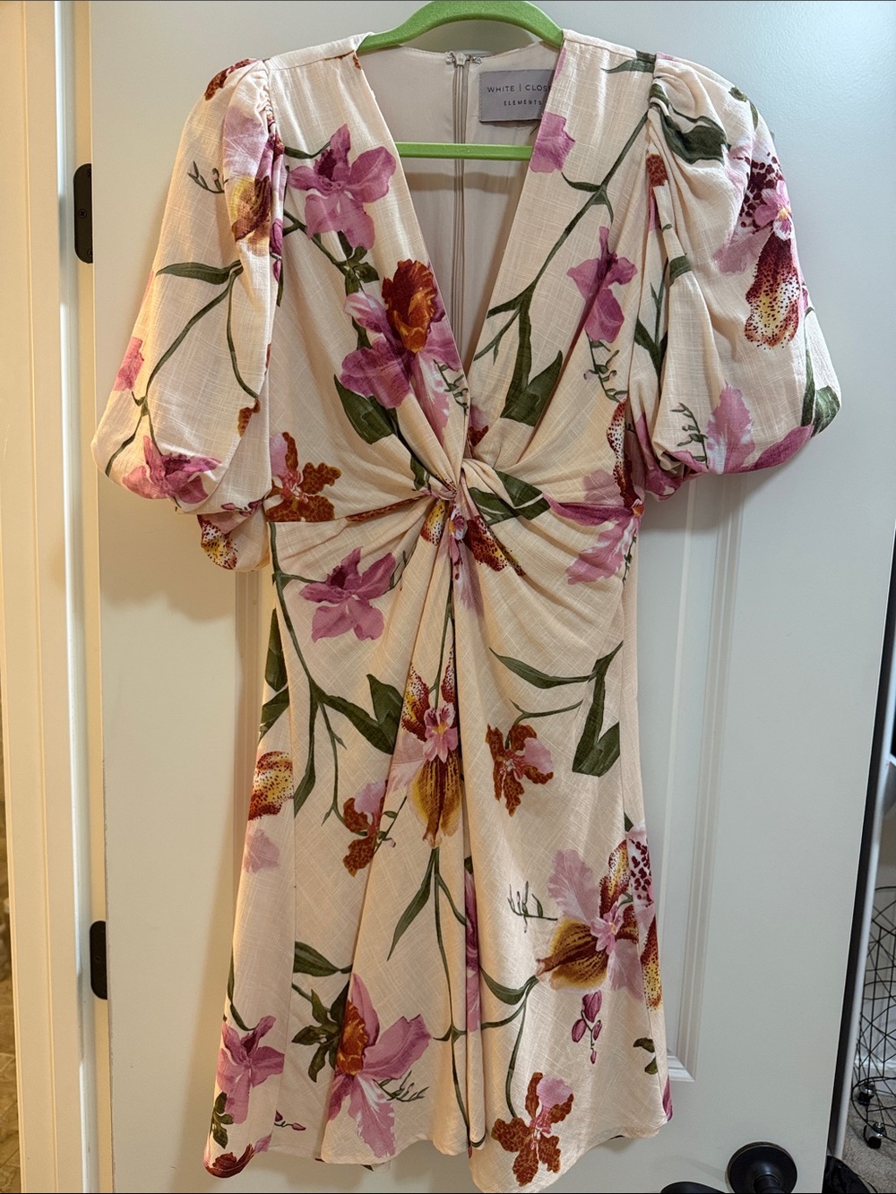 White + White Floral Twist Mini Dress with Pink & Green Print